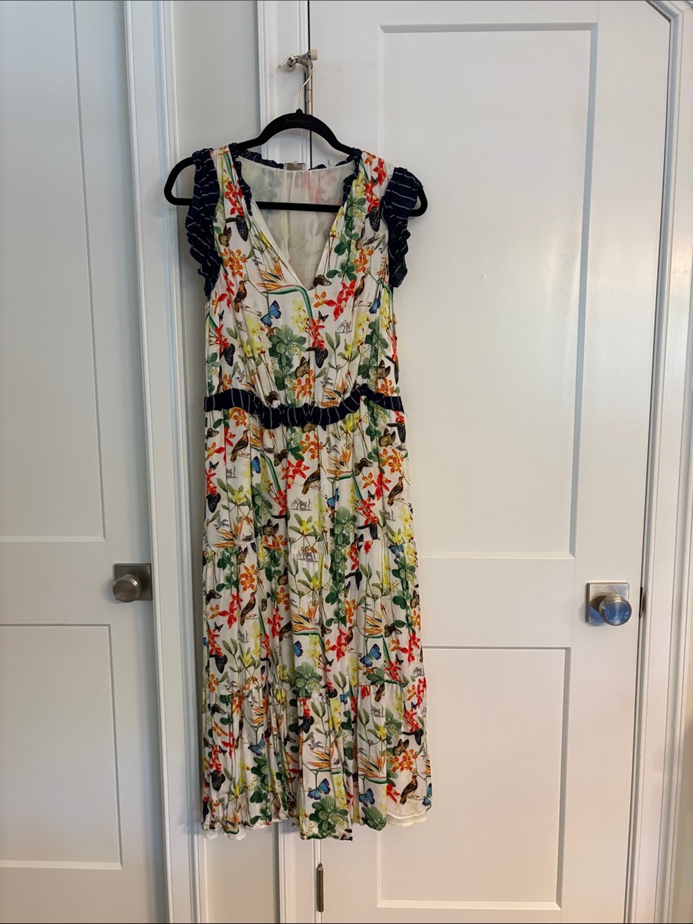 ecru Floral Cream Maxi Dress with Navy Trim